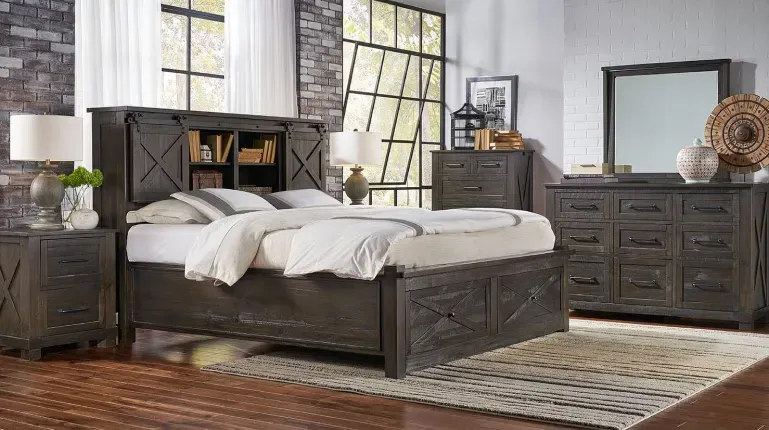 A-America SUVCL5131 charcoal king storage bed with bookcase headboard for personalized curated bedroom sets.